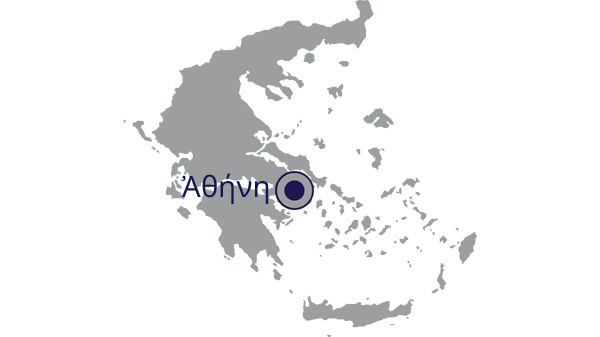 Landkaart van Griekenland in grijs met hoofdstad Athene aangegeven in Grieks Ἀθήνη in donkerblauw - op transparante achtergrond - 600 x 529 pixels 